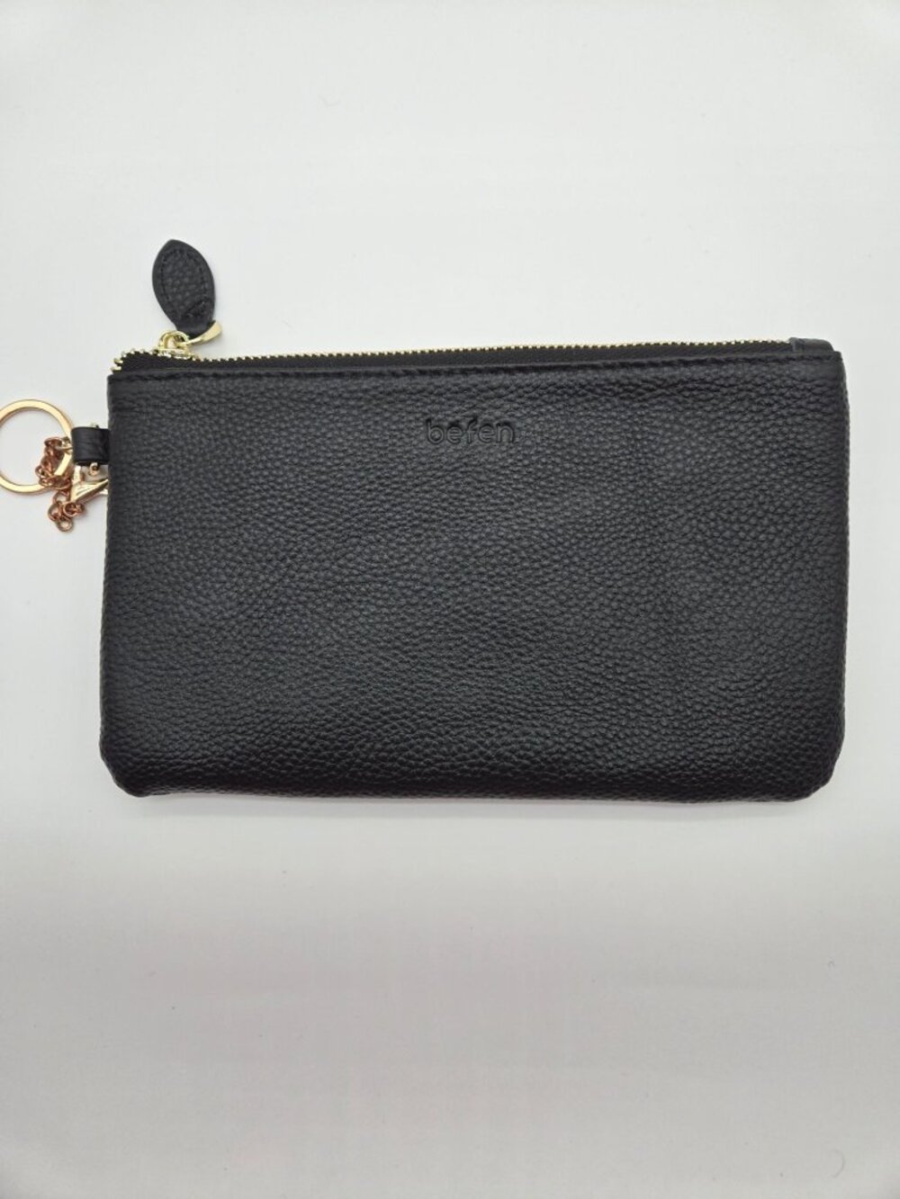 Befen Black Leather Wristlet Clutch Gold Hardware Organizer Wallet Pre-Loved